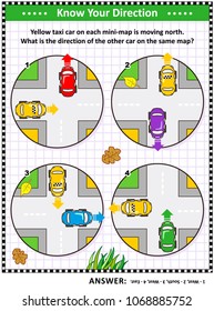 Map skills learning and training activity page or worksheet: Yellow taxi car on each mini-map is moving north. What is the direction of the other car on the same map? Answer included.