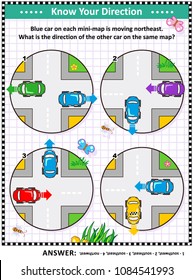 Map skills learning and training activity page or worksheet: Blue car on each mini-map is moving northeast. What is the direction of the other car on the same map? Answer included.