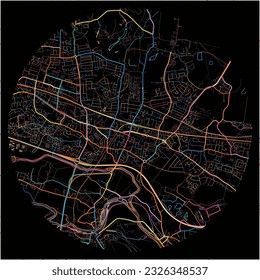 Map of Slough, South East England with all major and minor roads, railways and waterways. Colorful line art on black background.