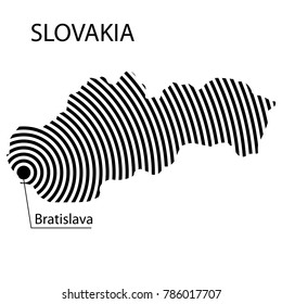 Map of Slovakia. Abstract black and white striped map of the country with the designation of the capital. Isolated on white background.