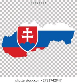Map of Slovakia filled with national flag colors and coat of arms, isolated on transparent background. Geographic silhouette for education and design projects.
