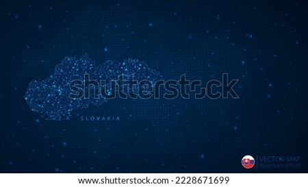 Map of Slovakia modern design with polygonal shapes on dark blue background. Business wireframe mesh spheres from flying debris. Blue structure style vector illustration concept.