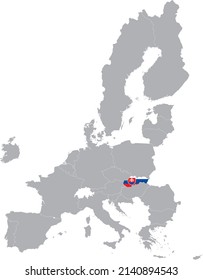 Map of Slovakia with national flag within the gray map of European Union countries