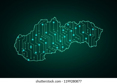 Map of Slovakia, network line, design sphere, dot and structure on dark background with Map Slovakia, Circuit board. Vector illustration. Eps 10