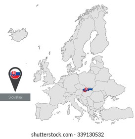 Map of Slovakia with an official flag. Location in Europe