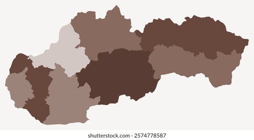 Map of Slovakia with regions. Just a simple country border map with region division. Brown color palette. Blank Slovakia shape with administrative division. Vector illustration.