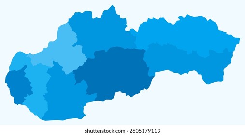 Map of Slovakia with regions. Just a simple country border map with region division. Light blue color palette. Plain Slovakia shape with administrative division. Vector illustration.