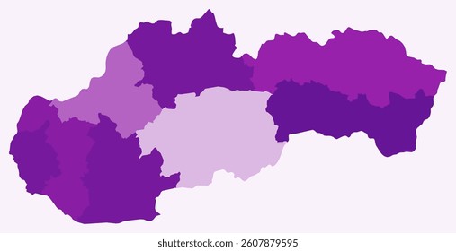 Map of Slovakia with regions. Just a simple country border map with region division. Purple color palette. Blank Slovakia shape with administrative division. Vector illustration.