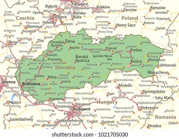Map of Slovakia. Shows country borders, urban areas, place names and roads. Labels in English where possible.
Projection: Mercator.