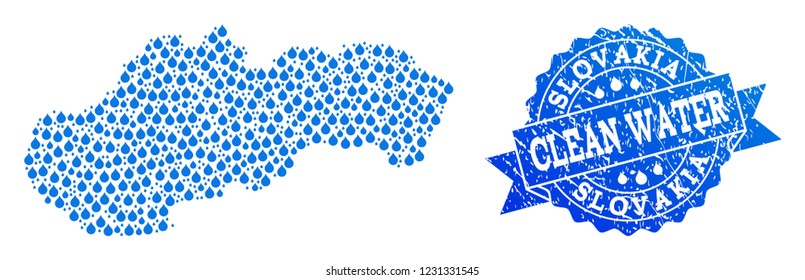 Map of Slovakia vector mosaic and clean water grunge stamp. Map of Slovakia composed with blue water tears. Seal with scratched rubber texture for pure drinking water.