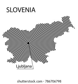 Map of Slovenia. Abstract black and white striped map of the country with the designation of the capital. Isolated on white background.