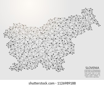 A map of Slovenia consisting of 3D triangles, lines, points, and connections. Vector illustration of the EPS 10.