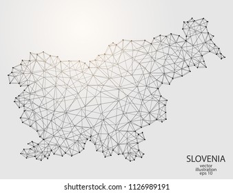 A map of Slovenia consisting of 3D triangles, lines, points, and connections. Vector illustration of the EPS 10.