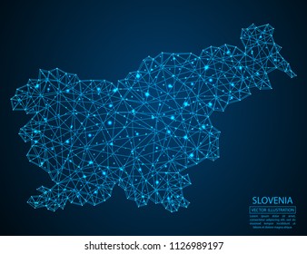 A map of Slovenia consisting of 3D triangles, lines, points, and connections. Vector illustration of the EPS 10.