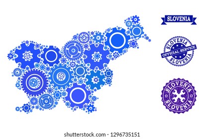 Map of Slovenia designed with blue wheel items, and isolated grunge stamps for official repair services. Vector abstract collage of map of Slovenia with repair symbols in blue hues.