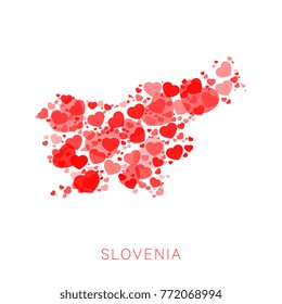 map of Slovenia filled with abstract red hearts mosaic of different sizes and degrees of transparency on white background