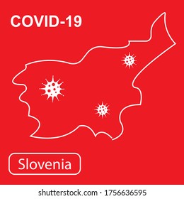 Map of Slovenia labeled "Epidemic and Quarantine COVID-19." White outline map of Slovenia on a red background. Vector illustration of a virus, coronavirus, epidemiology.
