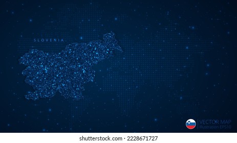Map of Slovenia modern design with polygonal shapes on dark blue background. Business wireframe mesh spheres from flying debris. Blue structure style vector illustration concept.