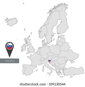 Map of Slovenia with an official flag. Location in Europe