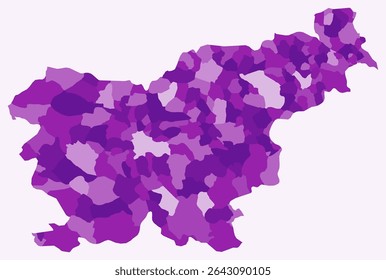 Mapa da Eslovênia com regiões. Apenas um simples mapa de fronteira de país com divisão de região. Paleta de cores roxas. Forma simples da República da Eslovênia com divisão administrativa. Ilustração vetorial.