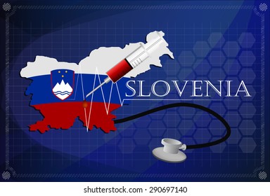 Map of Slovenia with Stethoscope and syringe.