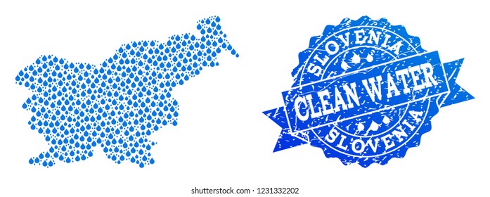 Map of Slovenia vector mosaic and clean water grunge stamp. Map of Slovenia composed with blue liquid drops. Seal with scratched rubber texture for clean drinking water.