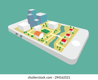 Map a small town on the mobile phone with the specified destination point. GPS route map. City navigation app. Vector illustration