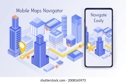Mapa una pequeña ciudad con un teléfono inteligente. Mapa de ruta GPS. Aplicación de navegación en pantalla. Isometric Vector ilustración.