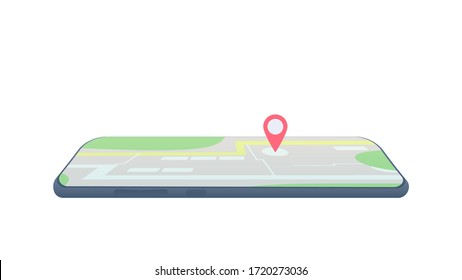 Map in the smartphone. A point on the map. The concept of delivery, arrival on the route. Isolated. Vector.