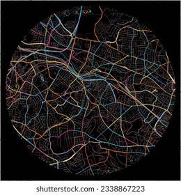 Map of Smethwick, North West England with all major and minor roads, railways and waterways. Colorful line art on black background.