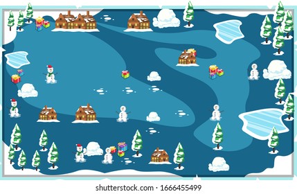 Map Snow Freeze Christmas Landscape theme with Christmas Tree, Snowman, House and Christmas present for Vector Illustration Design Ideas