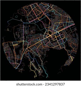 Map of Soacha with all major and minor roads, railways and waterways. Colorful line art on black background.