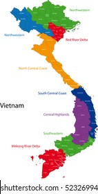 Map of Socialist Republic of Vietnam with the provinces colored in bright colors