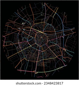 Map of Soest, North Rhine-Westphalia with all major and minor roads, railways and waterways. Colorful line art on black background.