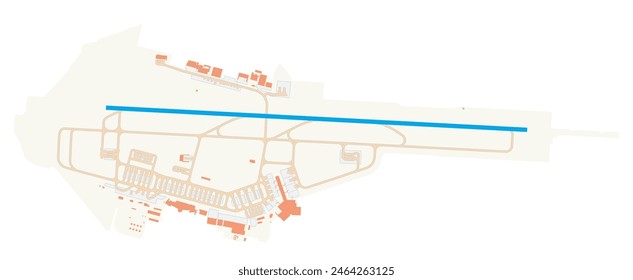 Map of Sofia Airport (Bulgaria). IATA-code: SOF. Airport diagram with runways, taxiways, apron, parking areas and buildings. Map Data from OpenStreetMap.