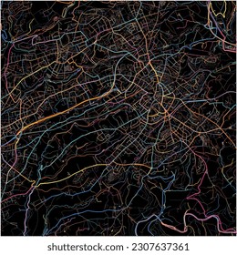 Map of Solingen, North Rhine-Westphalia with all major and minor roads, railways and waterways. Colorful line art on black background.