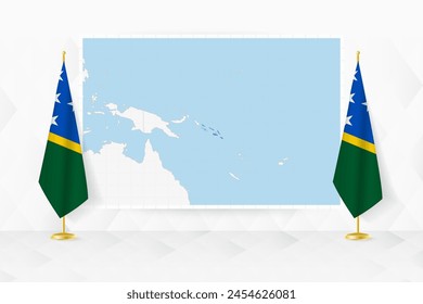Map of Solomon Islands and flags of Solomon Islands on flag stand. Vector illustration for diplomacy meeting.
