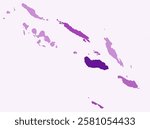 Map of Solomon Islands with regions. Just a simple country border map with region division. Purple color palette. Blank Solomon Islands shape with administrative division. Vector illustration.