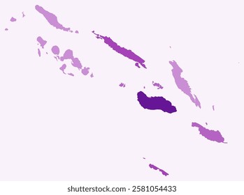 Map of Solomon Islands with regions. Just a simple country border map with region division. Purple color palette. Blank Solomon Islands shape with administrative division. Vector illustration.