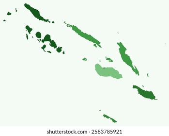 Map of Solomon Islands with regions. Just a simple country border map with region division. Green color palette. Plain Solomon Islands shape with administrative division. Vector illustration.