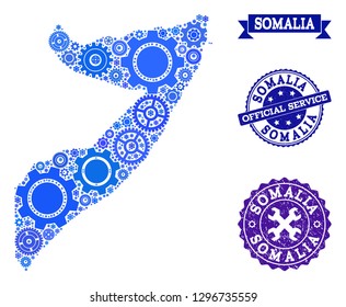 Map of Somalia formed with blue cog items, and isolated scratched stamps for official repair services. Vector abstract mosaic of map of Somalia with industry symbols in blue hues.