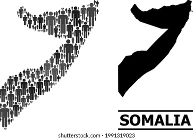 Map of Somalia for national propaganda. Vector population abstraction. Concept map of Somalia designed of population items. Demographic concept in dark gray color tones.