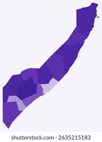 Map of Somalia with regions. Just a simple country border map with region division. Deep purple color palette. Blank Somalia shape with administrative division. Vector illustration.
