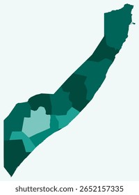 Map of Somalia with regions. Just a simple country border map with region division. Teal color palette. Plain Somalia shape with administrative division. Vector illustration.