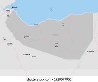 Map of Somaliland. Map is drawn in high detail and for clarity shows only major cities. Country is drawn with neighboring countries.