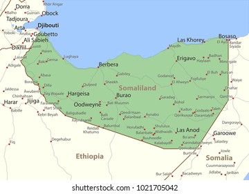 Map of Somaliland. Shows country borders, urban areas, place names and roads. Labels in English where possible.
Projection: Mercator.