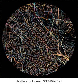 Map of Somerville, Massachusetts with all major and minor roads, railways and waterways. Colorful line art on black background.