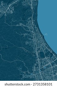 map of Sopot, Poland, rendered in shades of blue. The map showcases the city's layout, including streets, buildings, and natural features like hills and coastline.