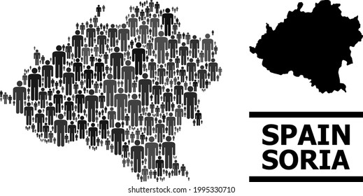 Mapa de la provincia de Soria para proyectos demográficos. Collage demográfico vectorial. Mapa conceptual de la provincia de Soria creado de elementos personales. Concepto demográfico en tonos grises oscuros.
