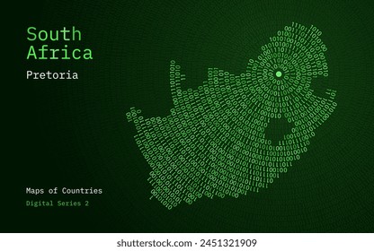 A map of South Africa depicted in zeros and ones in the form of a circle. The capital, Pretoria, is shown in the center of the circle